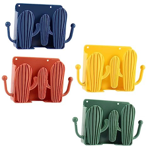 Cabilock Wall Mounted Phone Holder and Remote Control Rack, Abs Wall Hanging Storage Hook for Bathroom and Bedroom, Adhesive Cactus Design, 4pcs Mixed Color Set