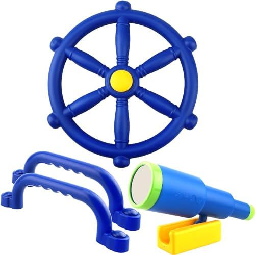 4 Pcs Kids Playground Accessories Outdoor Plastic Steering Wheel Telescope Safety Handles Toy Playset for Treehouse Garden Backyard Playhouse (Blue Set 1)