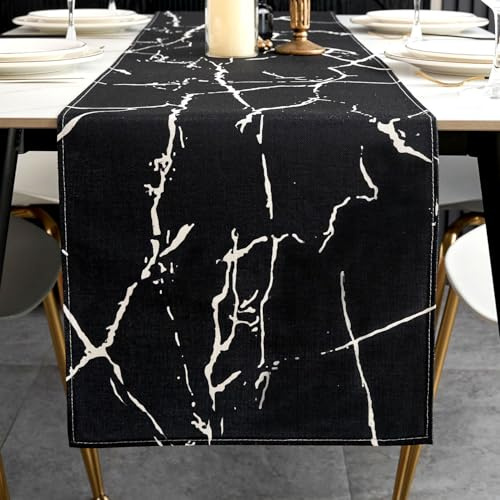 ViaElayu Chemin de Table Noir et Blanc Printemps Moderne Marbre Texture Rétro Style Décoratif pour Fêtes Célébrations Mariages Anniversaire Célébrations Party Décorations 40 x 140 cm