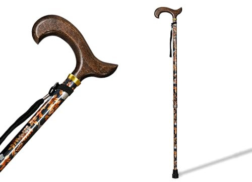 Bastón de Aluminio Extensible Regulable en Altura (74-95cm) con puño de Madera Oscuro, contera Antideslizante y Acabado Hojas otoño. Bastón muletilla para Apoyo y Ayuda a Caminar. (402FH)