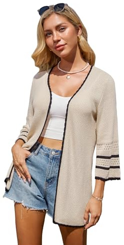 GRACE KARIN Maglione Donna Elegante Cardigan Lungo Aperto Davanti Maniche 3/4 Contrasto Colore Primavera Estate Beige S