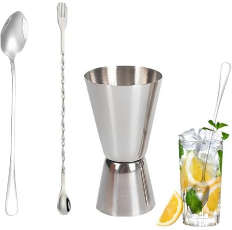 Misurino Doppio per Cocktail,Misurino Doppio per Cocktail 30ml /60ml Stile Giapponese 2 Cucchiaini Bar In Acciaio Inox Attrezzatura Per Bar,Discoteche,Party, Feste, Cocktail, Shaker (Argento)