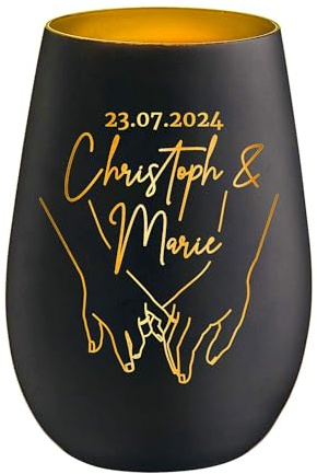 Glas Windlicht zur Hochzeit, Kerzenhalter mit Gravur Hand in Hand, Personalisiertes Teelicht in Schwarz Gold fürs Brautpaar, Hochzeitskerze, Kerzen Windlicht zum Jahrestag
