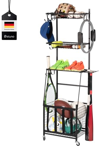 eluno Sportvagn, med robusta förvaringytor, korgar och krokar, träningsutrustning organisatör för bollar, basebollträsk, av svart stål