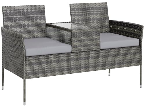 Outsunny 2 Seat Rattan Garden Bench, Patio Wicker Chair with Glass Tea Table, Outdoor Love Seat with Padded Cushions, for Garden, Porch, Charcoal Grey/Grey