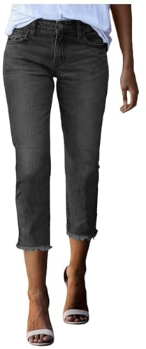 Sobzia Caprijeans Damen Sommer,7/8 Jeans Damen mit Taschen High Waist Sommerjeans Denimhose Sommer Stretch Hose Jeanshose Leichte Dreiviertel Stretchjeans Damenjeans, Grau, L