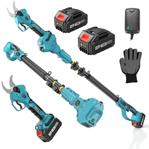 SEESII Forbici Potatura a Batteria con Asta Telescopica, Altezza di Lavoro Fino a 4,5 m, Taglio da 40 mm, 2-in-1 Forbice per Potatura con 2 * Batterie 4000 mAh, Lama SK5, per Giardino Alberi Fiori