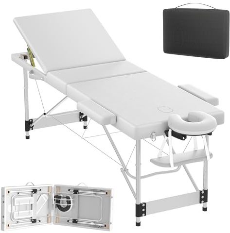 HENGMEI Massageliege Mobile Massagetisch 3 Zonen Klappbar Höhenverstellbar Massagebett Kosmetikliege Breit Therapieliege inkl. Zubehör, Alu-Kopfstütze, Armlehne und Tragetasche, 212x80cm (Weiß)