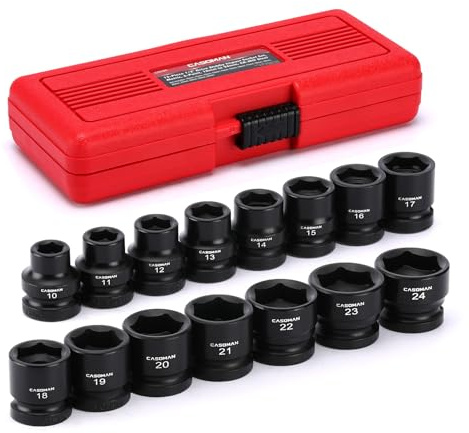 CASOMAN 15PCS 1/2 Drive Stubby Impact Socket Set, Low Profile, 10-24mm, Metric, CR-MO, 6-Point, 15 Pieces Shallow Socket Set for Automotive Maintenance, Repairs and DIY, for Tight Areas