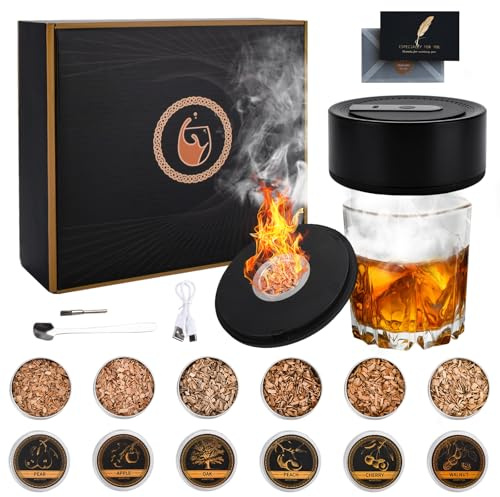 KIMIGO Elektrischer Whisky Smoker Set,Wiederaufladbare Cocktail Smoker Kit mit 6 Holzchips und Grußkarten,Altmodisches Whiskey Räucherset,Saturn Smoker Geschenk für Vater,Ehemann,Cocktail Liebhaber