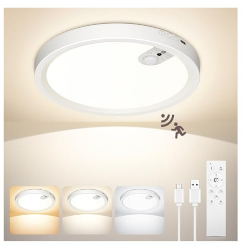 ONEWEST Rechargeable Motion Sensor Ceiling Light with Remote | 3 Colors & 30s/60s/120s Induction Timing, Cordless 7000mAh Battery Operated for Garage, Shed, Loft, Bedroom, Hallway