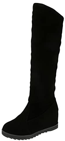 Kvinnor knähöga stövlar mellanhöga kilar klack varma tossor hopfällbara knähöga snö lång stövel mocka slip-on skor varm päls fodrade vinterskor lårhöga tossor breda vad långa stövlar, Svart, 37 EU