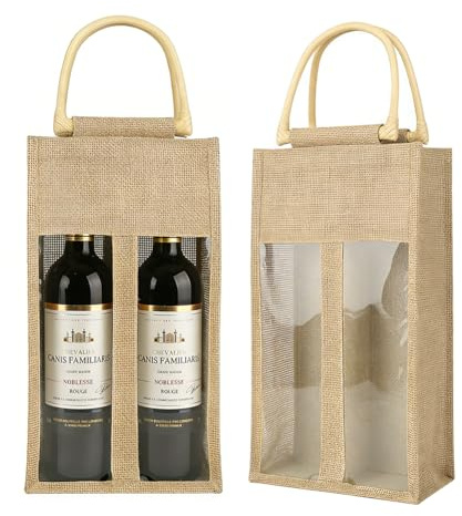 LUPATDY 2 sacchetti per bottiglie di iuta 2 bottiglie, borsa per bottiglie di vino con manico e finestra di visualizzazione, riutilizzabili per matrimoni, compleanni, feste, 17 x 10 x 33 cm
