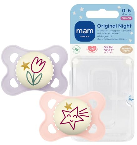 MAM Original Night Schnuller | 0-6 Monate | leuchtende Schnuller für Neugeborene | 94% Akzeptanz | stillfreundlich | Babyschnuller von Hebammen empfohlen | SkinSoft Silikon | Tulpe/Stern | 2 Stück