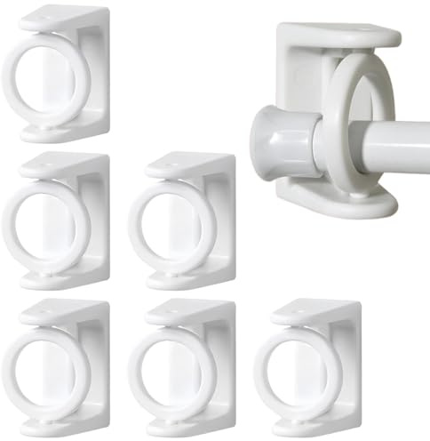 No Drill Curtain Rod Brackets, 6 PCS Self-Adhesive Holders with Rotating Rings for Towel & Curtain Poles in Bathroom, Kitchen.