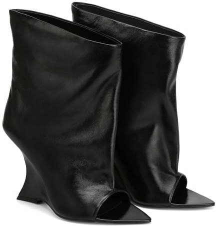 MEEYUS Women’s Open Toe Slouchy Wedge Ankle Boots - 4.1in Heel PU Booties,Calf Height Wide Calf Fashion Boots (Black, 8.5, Adult, Women, 8.5, Numeric, US Footwear Size System, Narrow)