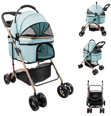 Passeggino per cani pieghevole 3 in 1, passeggino per cani di piccola taglia, per gatti, cestino rimovibile, passeggino portatile, finestra a rete, tessuto Oxford, fino a 20 kg (celeste)