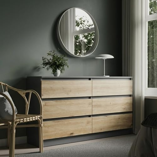 Home Collective Kommode mit 6 Schubladen Kommode Holz Schrank Kommode mit Schubladen, Sideboard, Highboard für Schlafzimmer Wohnzimmer Flur Büro Organizer | 140x35x78 cm | Anthrazit/Artisan-Eiche