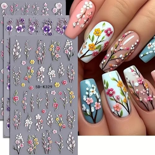 3 Hojas Pegatinas para Uñas Flore, Pegatinas de Flores para Uñas, 3D Nail Art Stickers, Pegatinass Flores para Uñass, Autoadhesivo Pegatinass Uñass Flore para Mujeres Niñas DIY Manicura (C)