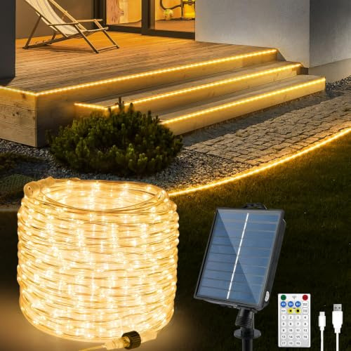 Solar LED Schlauch Außen (Durchmesser: 5,5 mm), 20M 800LEDs Warmweiß Lichtschlauch Außen mit USB Ladefunktion und Fernbedienung, Solar LED Lichterschauch Lichterkette Outdoor für Party Garten Balkon