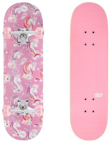 KMX Skateboard 27,5 x 7,75 för nybörjare, 7-lagers nordisk lönn med dubbel spark och konkav bräda | Aluminiumbilart | för flickor, barn och tonåringar med LED-lysande hjul (Söt enhörning)