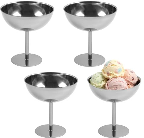 YedZen Ice Cream Bowls, Set of 4, 200ml/6.5oz, Stainless Steel Ice Cream Sundae Bowl with 6.25cm Footed Trifle, Dessert Cup for Serving Dessert, Shake Cups, Fruit, Appetizer, Pudding, Silver