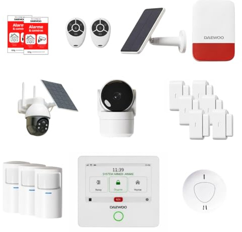 Daewoo Security Pack Alarma Inicio Conectada Touch Ultra MAX - Cámara Interior HD, Cámara Exterior Solar Rotativa, Sirena Solar, Detector de Humo y Sensores de Puerta - Alexa & Google Home