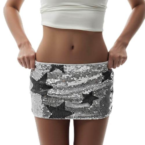 Genérico Falda Streetwear Talle Bajo con Estrellas de Pedrería y Punto Ajustado para Salir Club Nocturno (Silver, S)