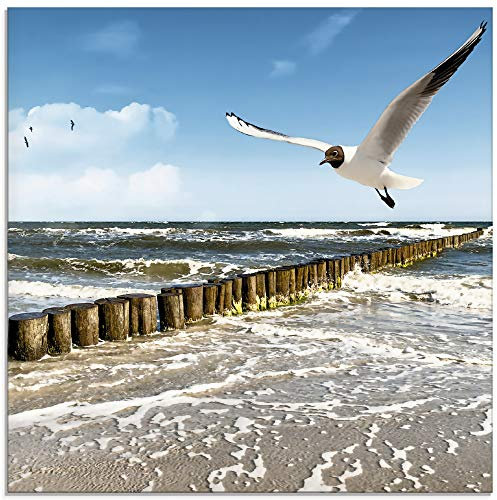 ARTLAND Wanddeko Glasbilder Wandbild Glas Bild einteilig 40x40 cm Quadratisch Strand Möwen Meer Wellen Küste Ostsee Sommer Urlaub Natur Landschaft T5QR