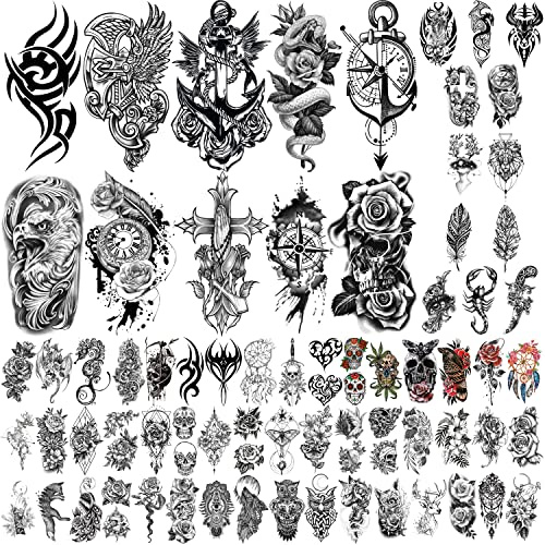 Yazhiji 70 ark vattentät tillfällig tatuering för flickor eller pojkar 10 ark större halvärm Rose Snake Clock falska tatueringar för män eller kvinnor och 60 ark Tiny Bird Flower Tattoo Stickers