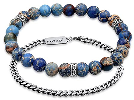 Kuzzoi Buddha Herren Armband Set, EIN elastisches Edelstein Armband mit Silber Beads, Blaue Achat Perlen und EIN Panzerarmband für den Mann, 925 Sterling Silber oxidiert, Länge 19-21 cm, 0211311221