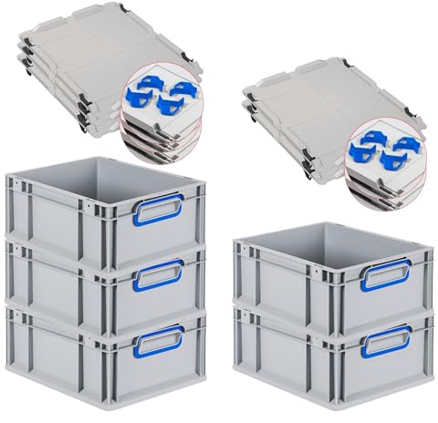 PROREGAL SuperSparSet 5x Eurobox NextGen Color mit Auflagedeckel & Schiebeschnappverschlüsse, HxBxT 17x30x40cm, 16L, Griffe blau geschlossen, Glatter Boden, Eurobehälter Transportbox Transportbehälter