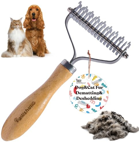 PAWSHOLIC Undercoat Rake for Dogs - Professional Pet Shedding Dematting Comb with Wood Handle, Stainless Steel Blades for Pet Cats Dogs Matted Hair Tangles Removing