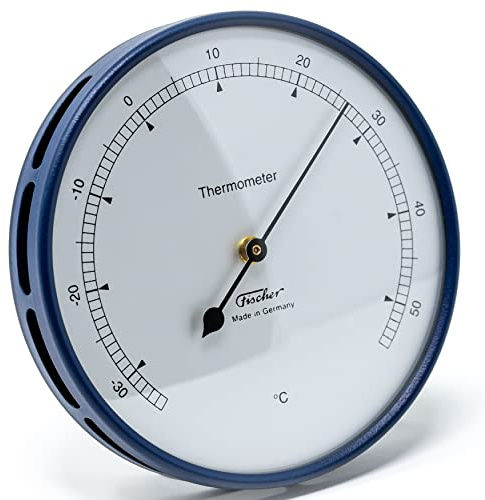 Fischer 117.48, Thermometer für innen und außen, Glas, Edelstahl blau | Bimetall-Thermometer, 103mm Durchmesser, Made in Germany