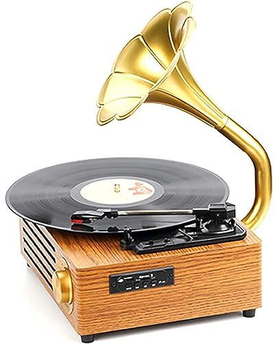 Giradischi in vinile, con giradischi vintage Bluetooth a forma di corno, giradischi a 3 velocità, altoparlanti incorporati e stilo in rubino, per la decorazione domestica