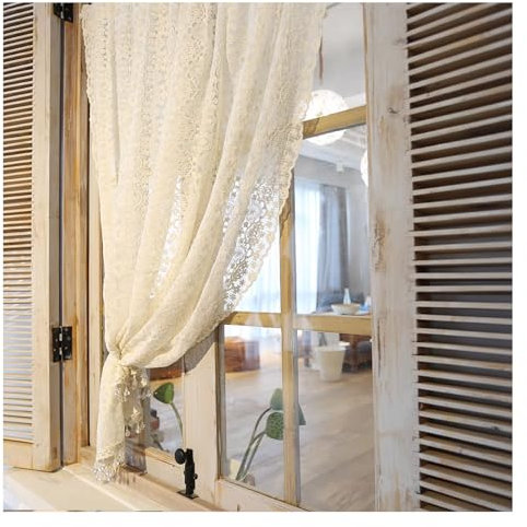 Bistrogardine für die Küche im Landhausstil mit Quaste, Beige Spitze Vorhang im Shabby-Chic-Stil für kleine Fenster, floral Besticktes Café Scheibengardine
