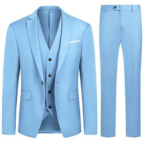 Allthemen Anzug Herren Slim Fit 3 Teilig Anzüge Modern Herrenanzug 3-Teilig Sakko Hose Weste Business Hochzeit Hellblau XL