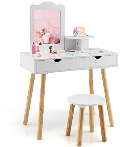 GOPLUS 2 in 1 Kinder Schminktisch Set, Frisiertisch mit abnehmbarem Spiegel, Hocker, breite Tischplatte & 2 große Schubladen, Kinderschminktisch mit Kamm für Mädchen 3-7 Jahren (Weiß)