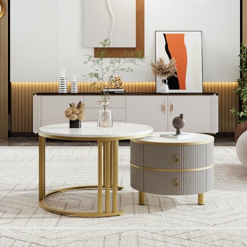 Merax Rund Couchtisch 2er Set, Moderne wohnzimmertisch mit Marmor Furnier, Hochglanz Satztisch mit Schubladen, für Wohnzimmer, Balkon und Büro, Grau