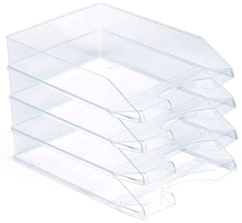Tradineur - Pack de 4 bandejas de Oficina Modelo Apilable - Fabricado en Plástico - Organizador Documentos Formato A4 - Fabricado en España - 6,5 x 25,5 x 35 cm - Color Transparente