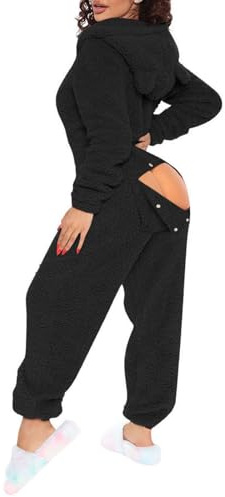Bauzuoyo Pyjama set Damen Weihnachten Sexy Fleece Hausanzug Flanell Jumpsuit mit Kapuze Damen Overall mit Po Klappe Schlafanzug Einteiler Flausching Pyjama Plüsch Onesie Valentinstag