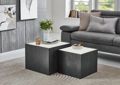 BMG Möbel Wohnzimmer Couchtisch 2er Set in Würfelform, stapelbar, 50 x 50 cm und 43 x 43 cm, Schiefer Dekor, Absetzung in Artisan Eiche oder Weiß (Schiefer/Weiß)
