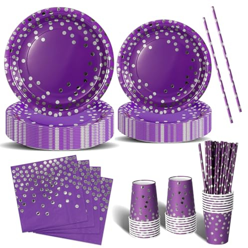 Nkaiso Stoviglie Per Feste 120 Pezzi Viola e argento Festa della Addobbi Ragazza di Compleanno dei Dambini Festa Posate set Include Piatto Usa e Getta di Carta Party Tovaglioli Posate -24 Ospiti