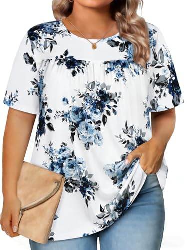 JOELLYUS Womens Plus Size Tops Short Sleeve Summer Tunic Casual Loose Fit Crewneck Shirts Blouse (White Blue Floral, 2XL)