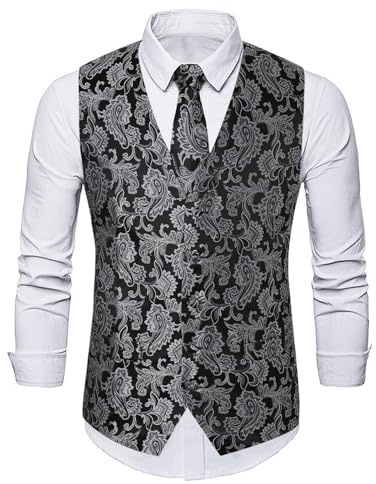 YOSUWOAI Chaleco formal para hombre, para boda, fiesta, informal, 3 piezas, corbata, pañuelo, chaleco, traje de cachemira, floral, jacquard, chaleco vintage clásico para hombre, O negro., L