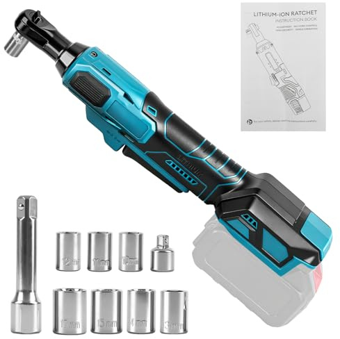 Llave de carraca 3/8 a batería para Makita 18V (sin batería) | 80 Nm, Carraca Eléctrica sin Escobillas, Adaptador 1/4, Barra de Extensión y 7 Llaves