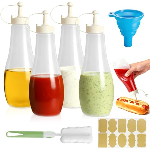 Mssushi 4stk Quetschflasche 720ml / 25oz,Squeeze Flasche mit Kappen,Wiederverwendbare auslaufsicher Ölflasche Spritzflasche für Sirup,Ketchup, Saucen,Öl,Gewürze