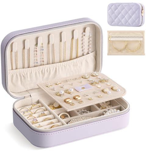Lolalet Estuche de Joyería de Viaje Portátil, Organizador de Accesorios para Anillos, Collares y Pendientes, Caja Compacta con Compartimentos- M, Morado