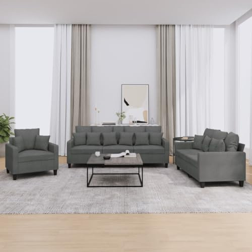 Hoopleep 3-TLG. Sofagarnitur, Dunkelgrau Stoff, Robustes Metallgestell, Bequeme Polsterung, für Wohnzimmer, 1 Sessel, 1 Zweisitzer, 1 Dreisitzer, inklusive Kissen