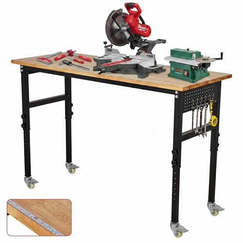 GarveeTech Adjustable Workbench with Height Scale, Heavy Duty Mobile Workbench, 1000kg Load Capacity, Solid Oak Top, Lockable Castors, 122 x 61 x 75-100 cm, 8 Height Settings for Garage Workshop DIY
